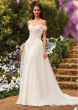 Cold Shoulder Ivory Lace Satin Wedding Dress With Detachable Train